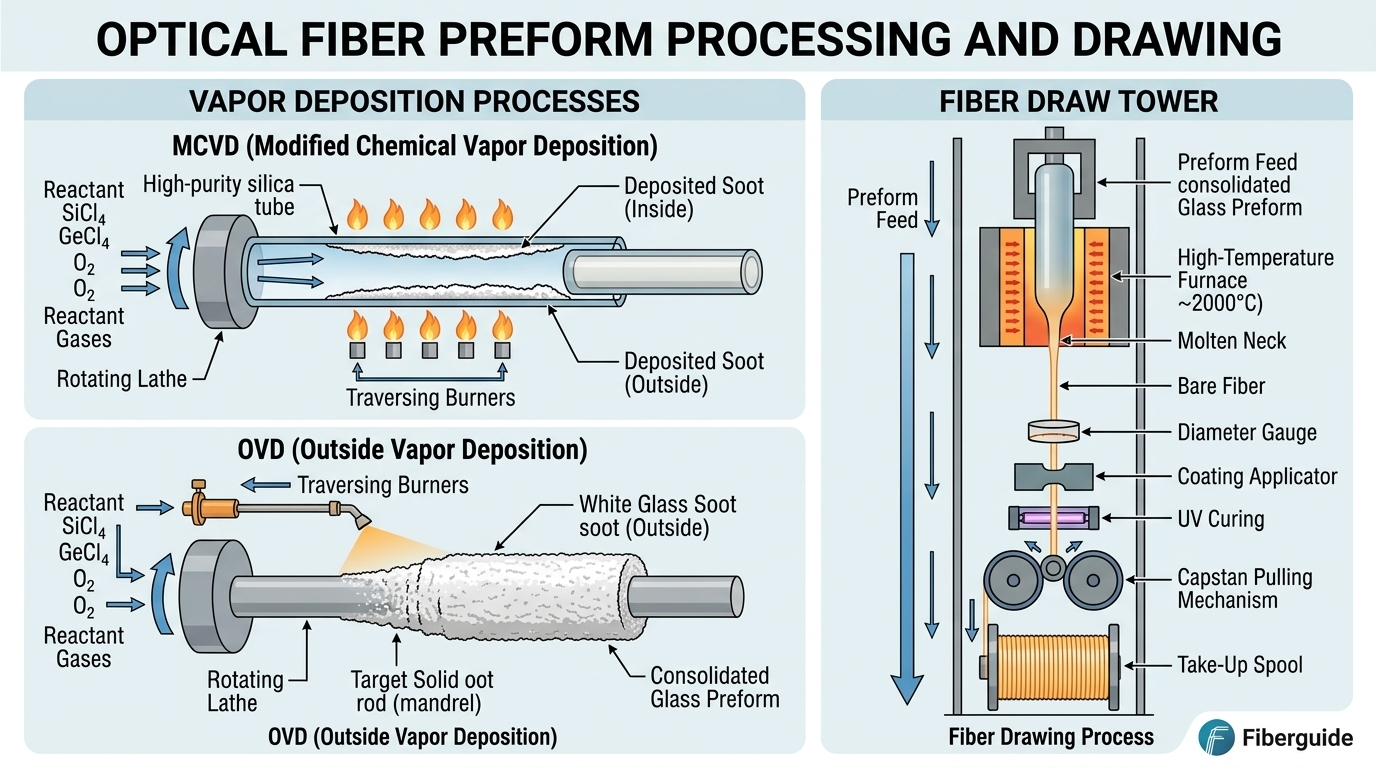 Optical-fiber-preform-processing-and drawing